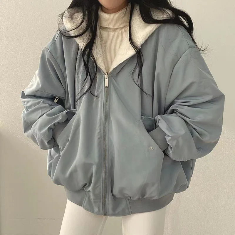Imagen de Parka de Doble Capa para Mujer, Chaqueta Informal Holgada con Capucha y Cremallera, Abrigo de Felpa Caliente para Otoño e Invierno