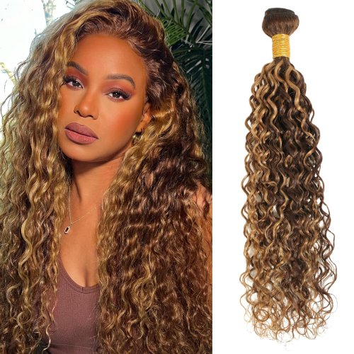 Image of Natural Honey Blonde Ombre Human Hair Extensions - Deep Wave 22 Inch P4/27 Color, Wet and Wavy Single Bundle with Brown Highlights