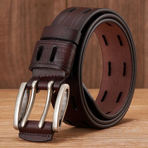 Imagen de Cinturón de Cuero Genuino para Hombre con Hebilla Doble, Estilo Vaquero Vintage Elegante y Duradero