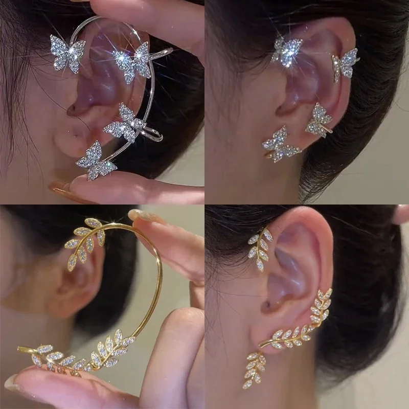 Afbeelding van Verzilverde Blad- en Vlinder Clip Oorbellen met Fonkelende Zirkoon voor Vrouwen – Elegante Oor Manchet Sieraden zonder Piercing