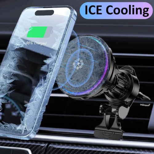 Image of 30W Ice Cooling Magnetic Wireless Car Charger with Fast Charging Station for iPhone 15, 14, 13, 12 Pro Max – MagSafe Compatible Car Phone Holder Stand