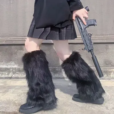 Image de Jambières Lolita Fourrure Artificielle - Noir & Blanc