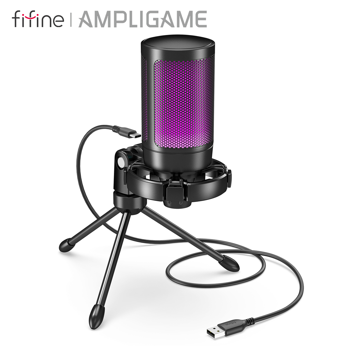 Bild von AmpliGame by FIFINE RGB-USB-Gaming-Mikrofon mit Licht-Touch-Stummschaltung, Kondensatormikrofon mit Stativ für PC, PS4/5, Laptop-Streaming-A2