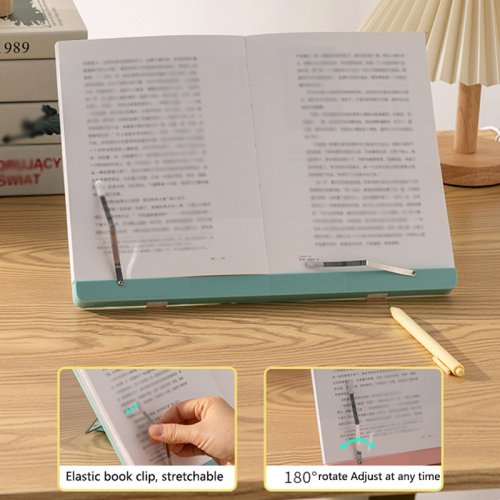 Imagen de Soporte de Plástico Ajustable para Libros y Ordenador Portátil, Elevador de Escritorio Plegable con Clips de Página para Cocina y Estudio