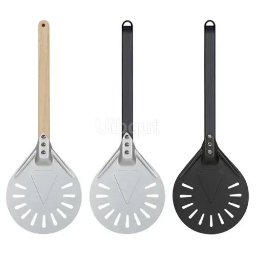 Image of Natural Wood-Handled Perforated Aluminum Pizza Peel for Small Pizzas – 7, 8, or 9 Inch Round Non-Slip Kitchen Tool