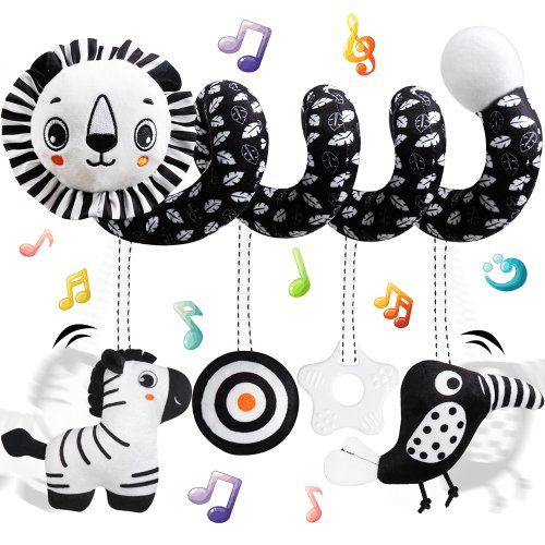 Image of Natural Black and White Lion & Koala Rattle Spiral Hanging Activity Toy for Newborns – Baby Car Seat, Stroller, Crib Mobile Sensory Development Gift