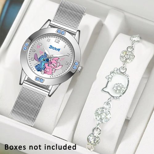 Imagen de Reloj de Mujer con Diseño de Stitch de Disney, Correa de Acero Inoxidable, Cuarzo con Detalles de Diamantes, Reloj de Pulsera para Mujer y Niña con Estilo Hello Kitty
