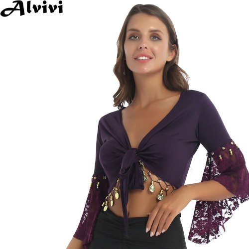 Image of Elegant Beaded Tassel Belly Dance Costume with Lace-Up Shawl and Flared Sleeves – Stage-Ready Crop Top Dancewear for Women