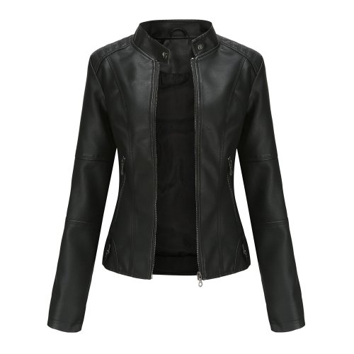 Image of Women's Slim Fit Faux Leather Motorcycle Jacket with High Standing Collar and Zipper Closure – Stylish Autumn Outerwear for Outdoor Adventures