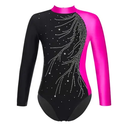 Image de Justaucorps Danse Fille avec Strass Brillants - Col Montant Manches Longues