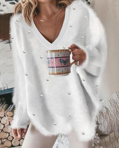 Imagen de Suéter perezoso de estilo coreano para mujer, Jersey de punto acanalado con cuello en V, Top esponjoso de manga larga con perlas, suéter suelto para mujer 2024