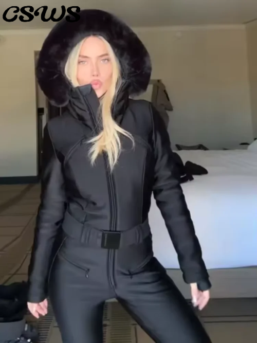 Tuta da Sci Donna in Pelliccia Sintetica Patchwork con Cintura Alta e Tasche con Zip - Abbigliamento Invernale Stile Pagliaccetto 2025