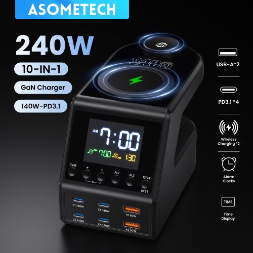 Image of 240W GaN Charger Station with 4×140W PD3.1 PPS USB-C Ports, Wireless Fast Charging, and Built-in Alarm Clock with Time Display for MacBook, iPhone, and More