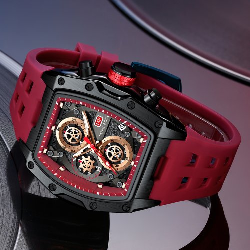 Image of Luxury Men's Quartz Wristwatch with Red Strap, Waterproof Chronograph, Multifunctional Design for Modern Warriors