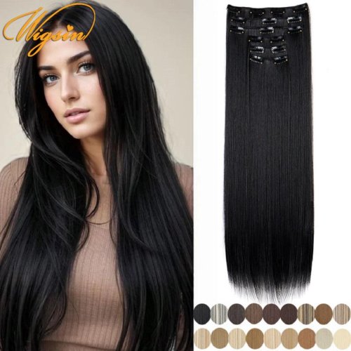 Bild von Synthetische Haarverlängerungen 6-teilig, 24 Zoll lang, glatt, Clip-In, hitzebeständig, schwarz-blonde Farbvariante für Frauen