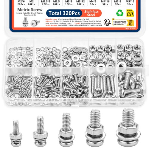 Image of 320-Piece Stainless Steel Screw, Nut, and Washer Assortment Kit – Rust-Resistant Metric Hardware Set for M2 to M5 Sizes, Ideal for DIY Projects, Home Repairs, and Industrial Applications
