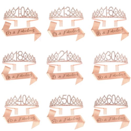 Afbeelding van Verjaardag Tiara, Kroon en Sjerp Set voor Vrouwen en Meisjes – Feestdecoratie voor Zoete 13e, 16e, 21e, 30e, 40e, 50e en 60e Verjaardag