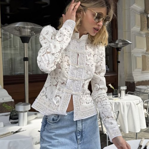 Image of Solid Lace Printed Patchwork Shirts Women Fashion Hollow Out Button See-through Blouse Lady Summer Commute Retro Streetwear