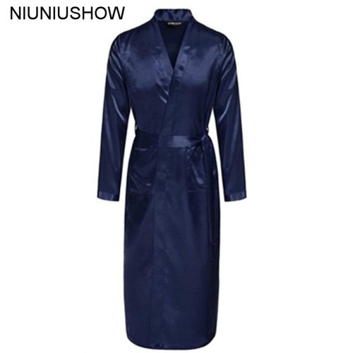 Bild von Marineblaue Chinesische Herren-Kimono-Robe aus Seide und Rayon – Sommerliche Casual-Nachtwäsche mit V-Ausschnitt, Yukata-Stil, Badekleid, Größen S bis XXL