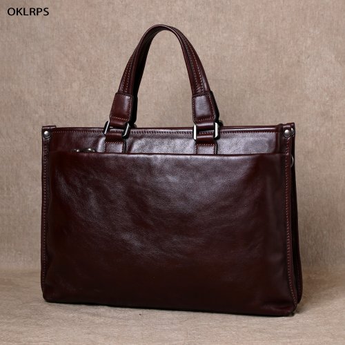 Zdjęcie Elegancka skórzana torba biznesowa z naturalnej skóry bydlęcej, warstwa garbowana roślinnie, 14-calowa teczka na laptopa, torba na ramię i crossbody dla mężczyzn