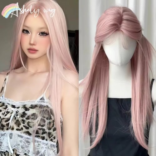 Bild von Lange gerade rosa Perücke im Lolita-Stil mit Stirnband – synthetische Haarperücke für Frauen, perfekt für Feste und Kostüme