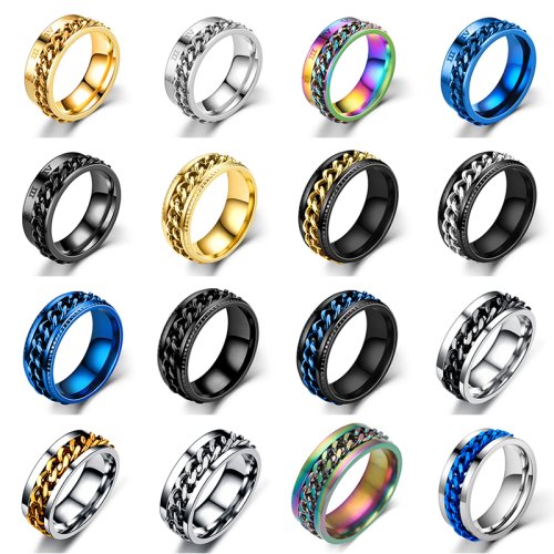 Zdjęcie Obrotowy łańcuszek ze stali tytanowej Pierścionek dla par Lęk Wielofunkcyjna biżuteria Moda 8mm Fidget Spinner Pierścionki Power Sense Prezenty
