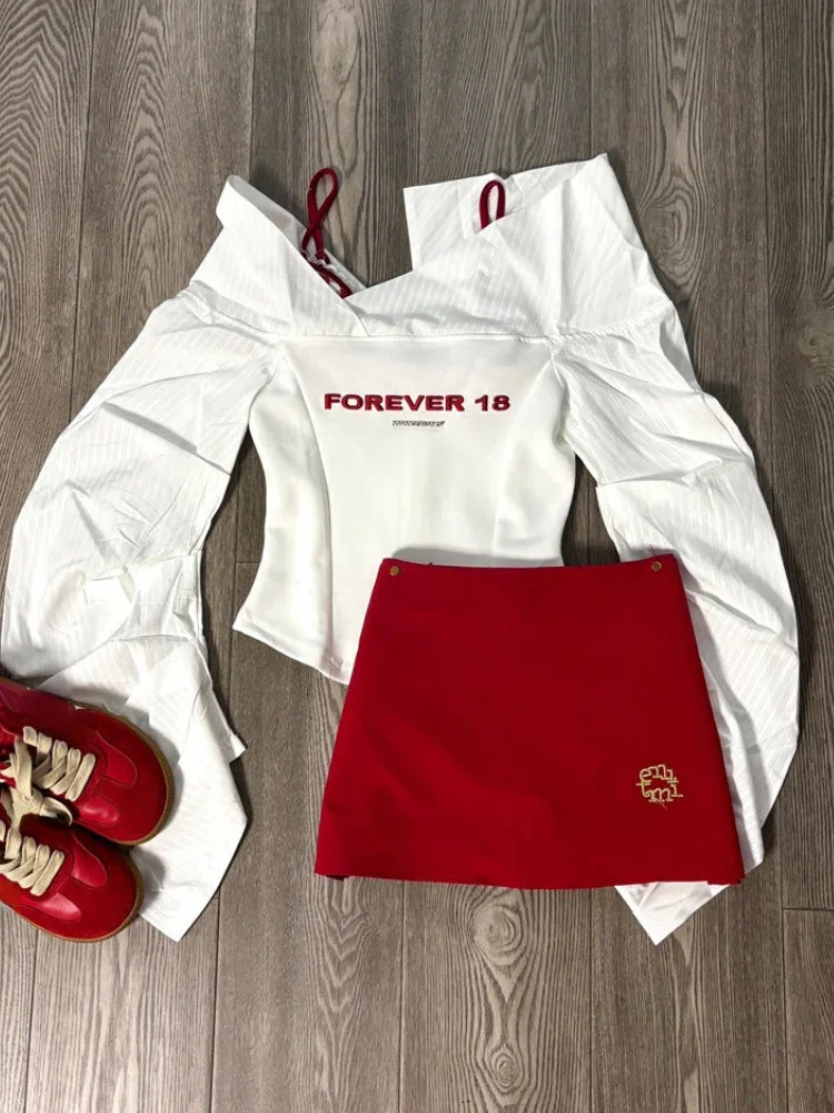 Imagen de Conjunto elegante de 3 piezas Y2k para mujer, sujetador a cuadros picante para niña + Tops de manga larga con estampado blanco + minifalda roja elegante, moda coreana, otoño Y2k