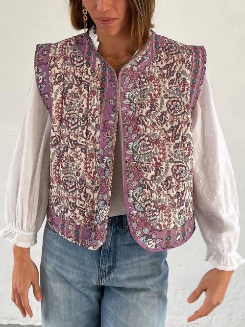 Imagen de Chaleco Acolchado con Estampado Floral para Mujer, Ropa de Calle Holgada Sin Mangas, Frente Abierto, Top de Estilo Nacional Retro, Prenda Ideal para Niñas y Mujeres