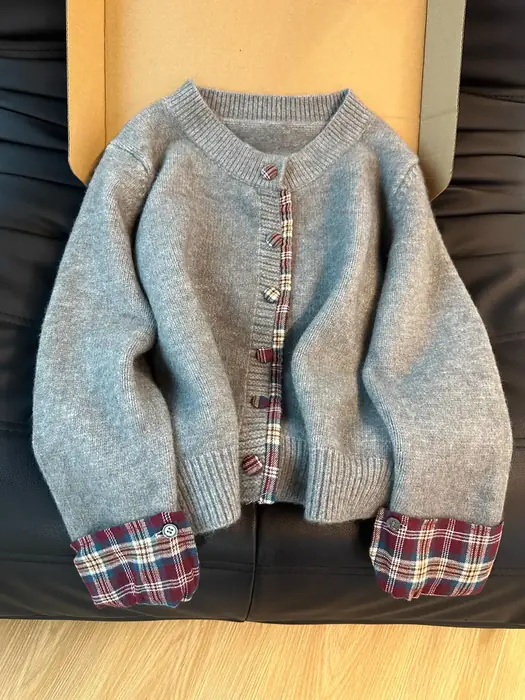 Image de Pull à Carreaux Faux Cardigan Femme - Style Coréen Automne/Hiver
