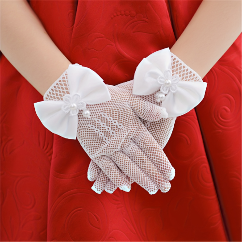 Afbeelding van Elegante Korte Kinderhandschoenen met Kant en Parel细节, Mesh Boog Design voor Feestkleding en Speciale Gelegenheden