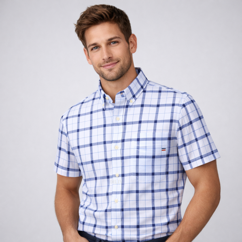 Afbeelding van Heren Oxford Overhemd van 100% Katoen met Korte Mouwen, Vierkante Kraag en Effen of Geruite Print – Zomerse Casual Stijl met Enkelvoudige Zak