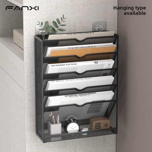 Immagine di Organizzatore da Parete Sospeso in Rete con 5 Tasche – Supporto per Documenti, Cartelle e Riviste, Montaggio a Parete per Ufficio, Casa e Scuola