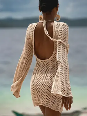 Image de Robe de plage sexy dos nu à franges manches longues mini tunique