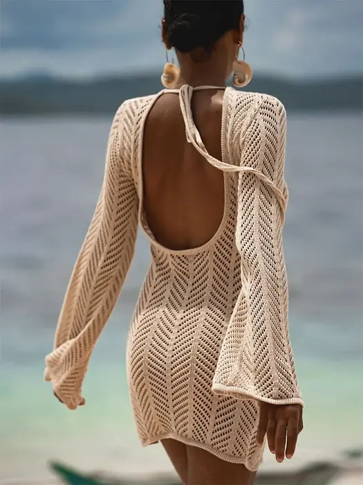Image de Robe de plage sexy dos nu à franges manches longues mini tunique