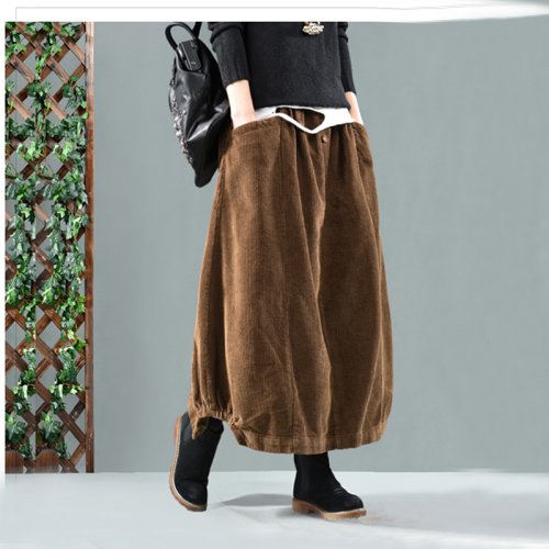Imagen de Falda Retro de pana para mujer, falda holgada con cintura elástica, Color liso, Vintage, con bolsillos, para otoño e invierno, 2022