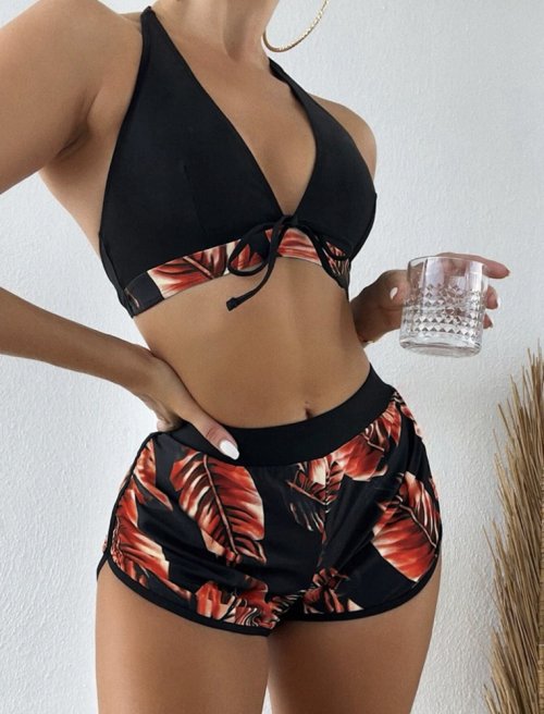 Imagen de Mujeres 2025 Nuevos Bikinis 6 Colores Sexy Halter Bikini Conjunto de 3 piezas Estampado de hojas Tra...