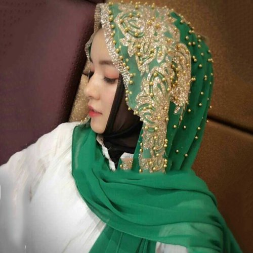 Zdjęcie Elegancki długie hidżaby muzułmańskie z koralikami – szyfonowy szalik modlitewny dla kobiet, turban islamski z ozdobnymi elementami
