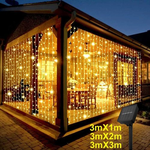 Image of Outdoor Solar Curtain Lights 3x3m with 300 LEDs – Waterproof Holiday Decor Garland for Halloween, Christmas, and Party Lighting with 8 Light Modes
