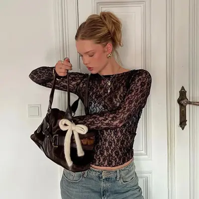 Image de T-shirt Dentelle Transparente Moulant - Style Sexy pour Femmes