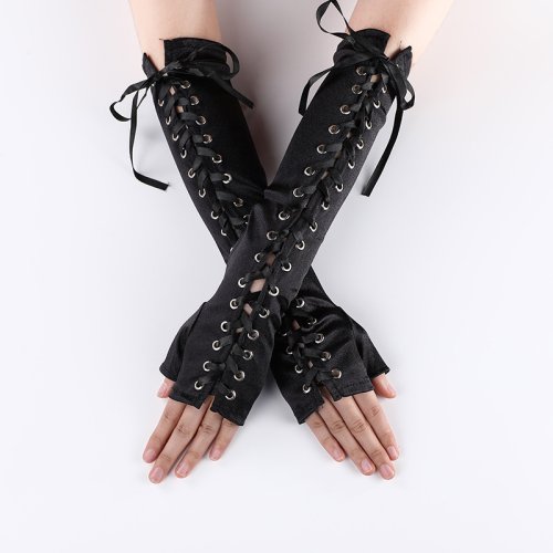 Imagen de Guantes largos de satén de encaje para mujer, manoplas de Lolita con personalidad, cinta de vendaje Sexy, Cosplay, actuaciones de escenario, moda