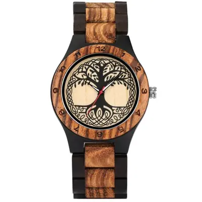 Image de Montre en Bois de Zèbre - Couple & Arbre de Vie