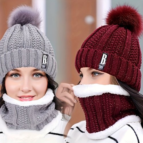 Imagen de Conjunto de gorro de punto cálido para invierno, gorro grueso de felpa, a prueba de viento, frío, informal, bufanda, 2