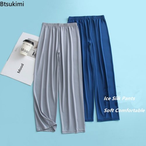 Imagen de Pantalones de pijama de seda helada para hombre, talla grande 5XL, pantalones finos de verano para el hogar, ropa de dormir cómoda y de sensación fresca, pantalones para dormir para hombre