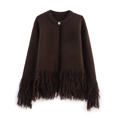 Immagine di Cardigan stampato patchwork con nappe Moda donna scollo a V manica lunga capispalla larghi Lady Autunno Cardigan da strada per pendolari quotidiani