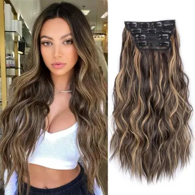 Image de Extensions de Cheveux Blondes avec Clips - Cheveux Longs Synthétiques