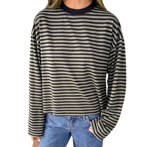 Bild von Gestreiftes Langarm-T-Shirt für Damen, Y2k, übergroßes Sweatshirt mit Rundhalsausschnitt, ästhetisch...