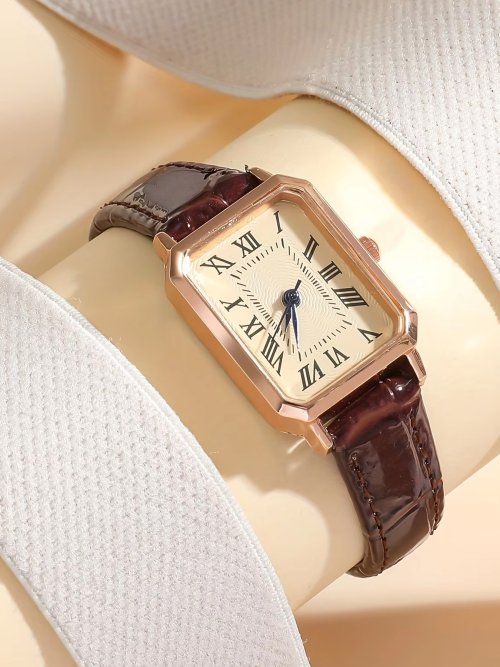Image of Elegant Casual Rectangle Quartz Watch with Retro Analog Design and PU Leather Strap for Women and Girls
