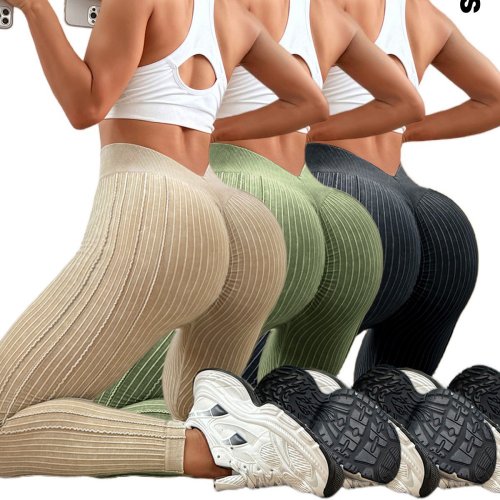Image of Women Seamless Gym High Waist Yoga Leggings Booty Lifting Outdoor Sports Tight Solid Striped Fitness Pants Exercise Yoga Pants