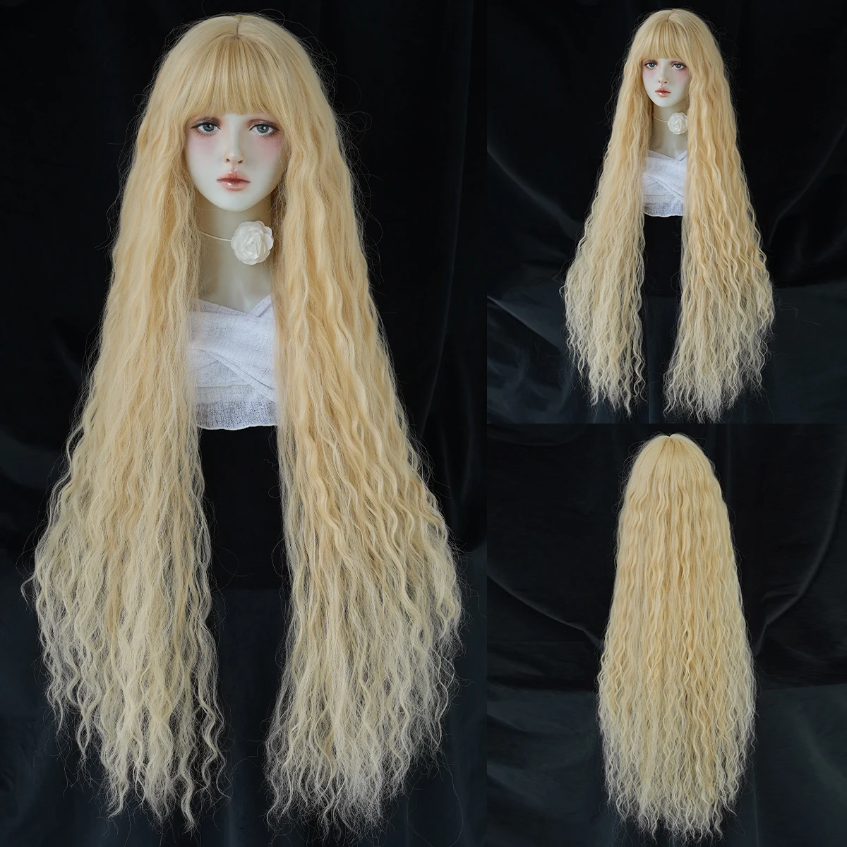 Bild von Park Yun extra lange blonde Cosplay Perücken mit Pony lose lange lockige blonde Lolita Perücke synthetische hitze beständige Perücke 44 Zoll