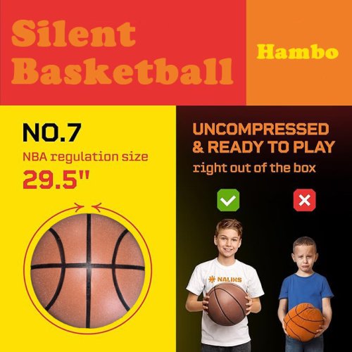 Immagine di Palla da Basket Silenziosa con Rimbalzo Muto - Dimensioni Standard 7 (29,5 Pollici), 350g, Ideale per Allenamenti Interni e Dribbling